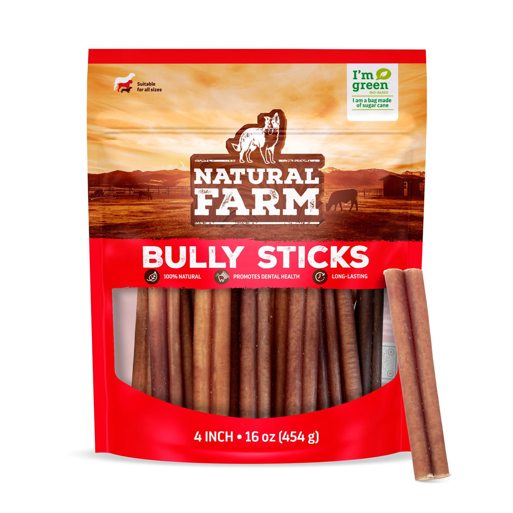 Natural Farm odor-free bully sticks 4-inch pack for small dogs and puppies.