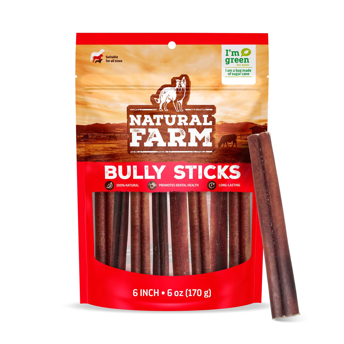Natural Farm odor-free bully sticks 6in bag shows weight-based packaging for long-lasting chew