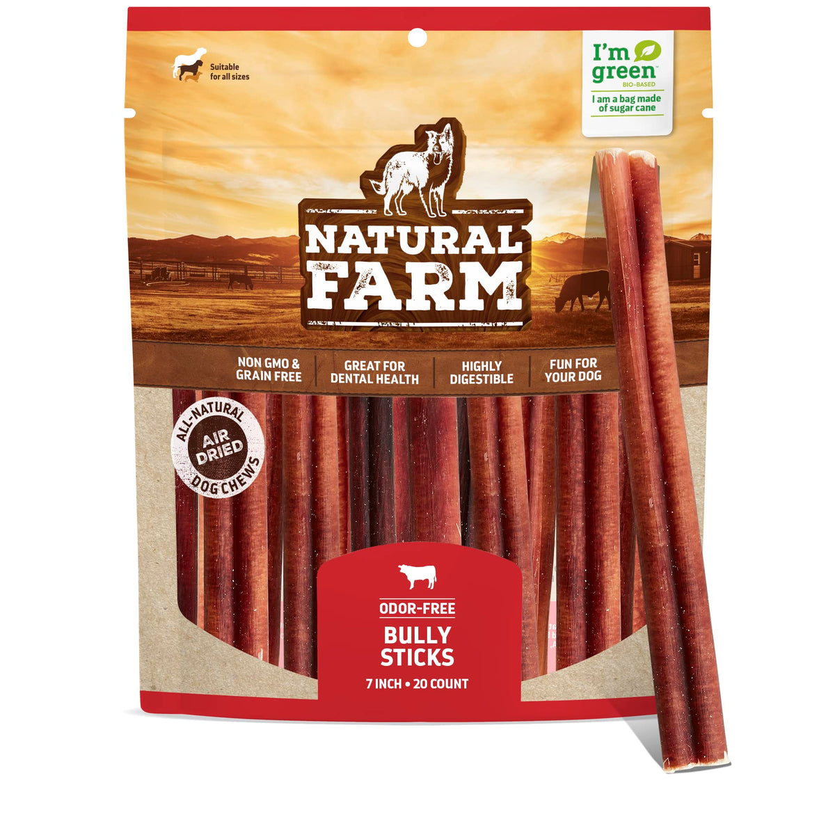Natural Farm odor-free bully sticks 7-inch bag front view for training rewards.