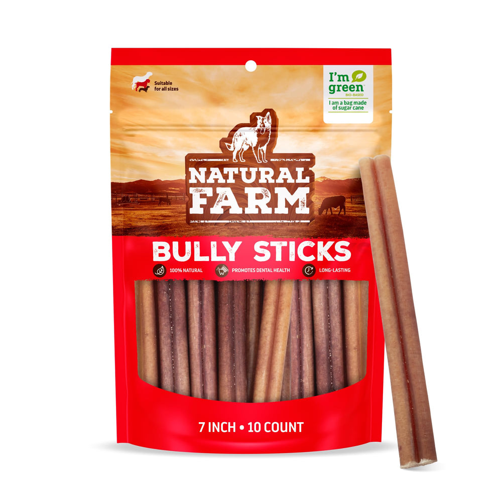Natural Farm Odor Free Bully Sticks 7 inch pack close-up, premium beef chews for dogs' dental health