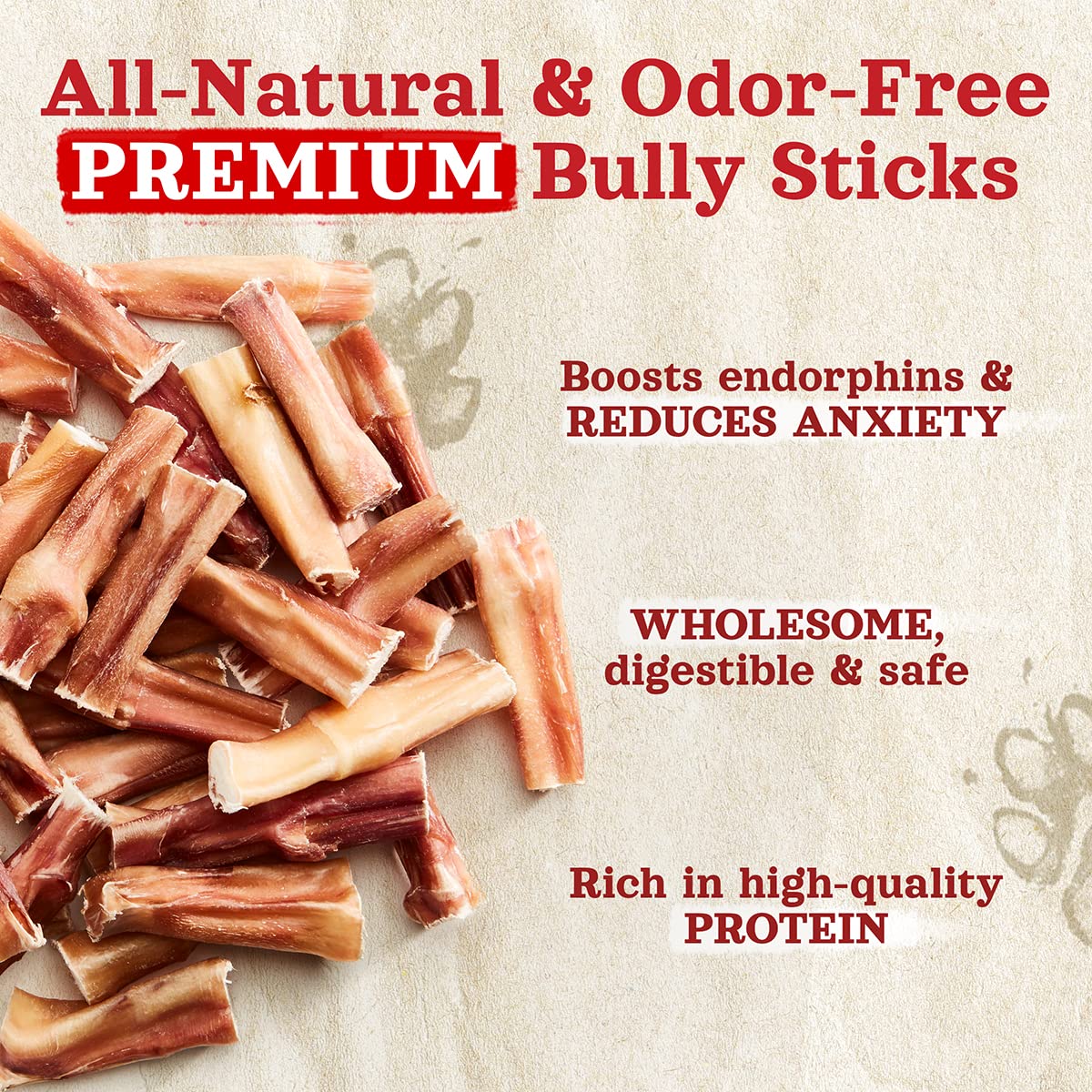 Natural Farm Odor-Free Bully Sticks close-up—100% beef pizzle from grass-fed cattle.