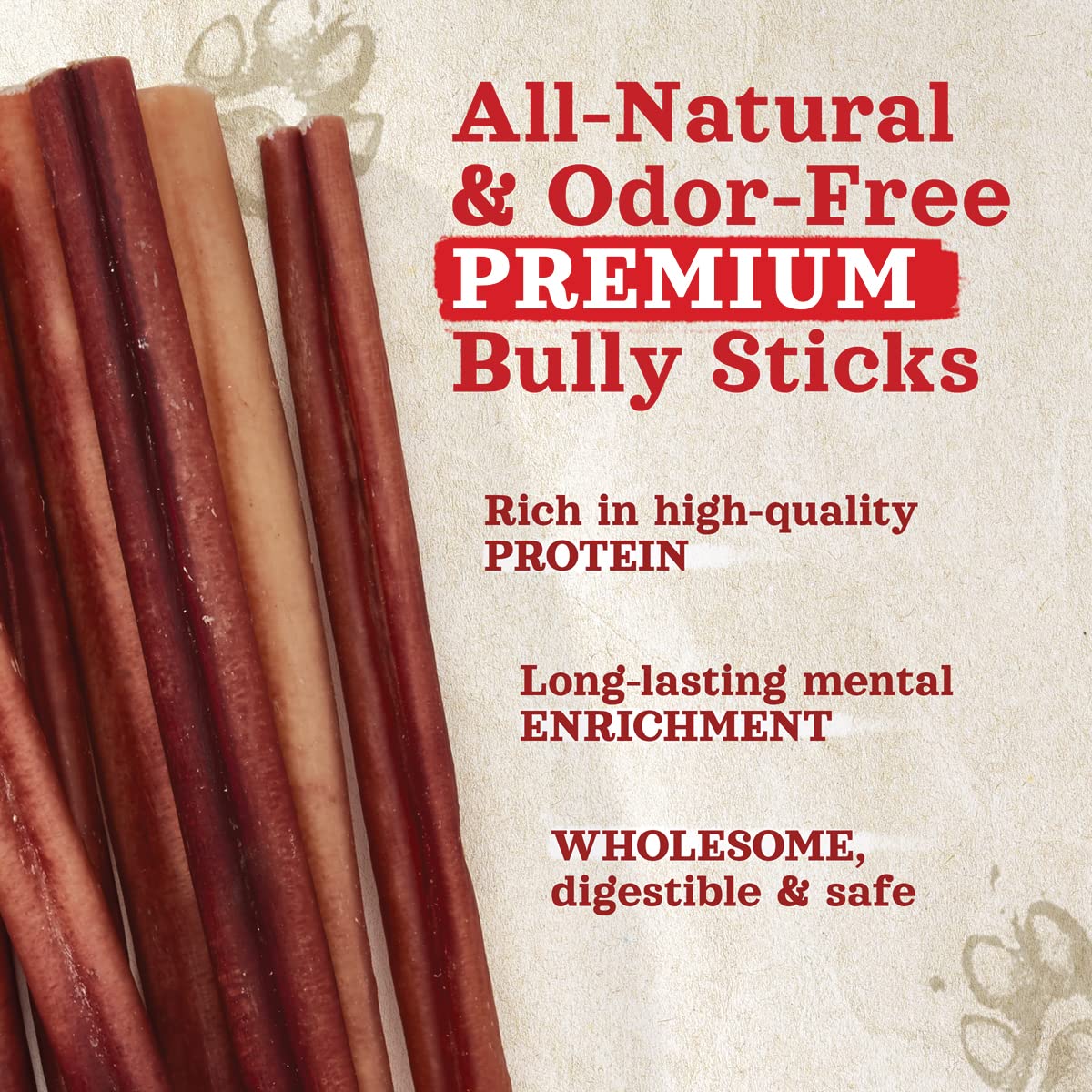 Natural Farm Odor-Free Bully Sticks dental-health close-up helps keep teeth clean during chewing.