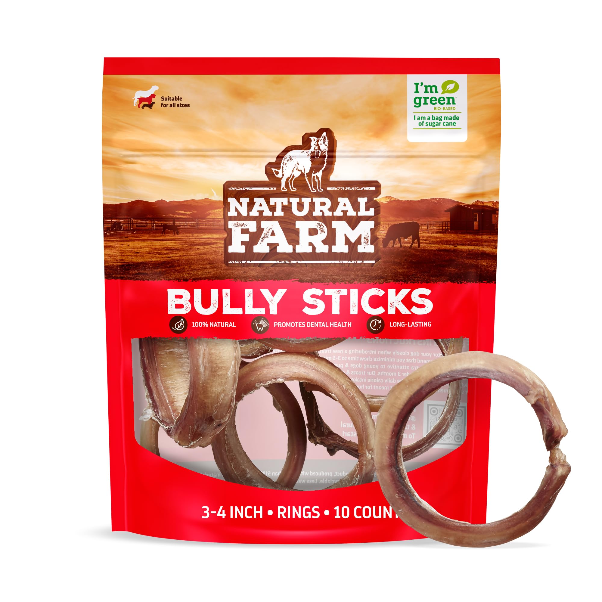 Natural Farm Odor Free Bully Sticks Ring bag closeup highlighting resealable packaging for easy storage.