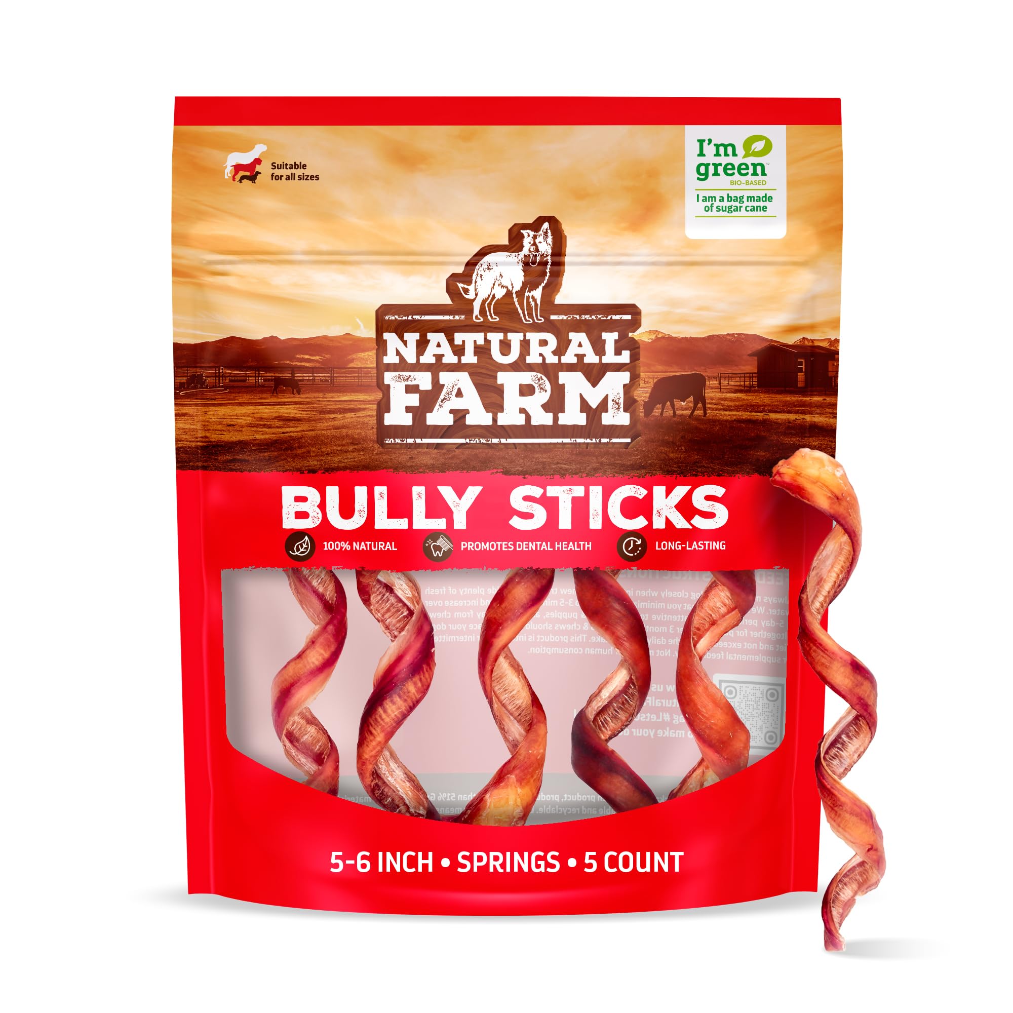 Natural Farm odor-free curly bully sticks pack front for easy home use