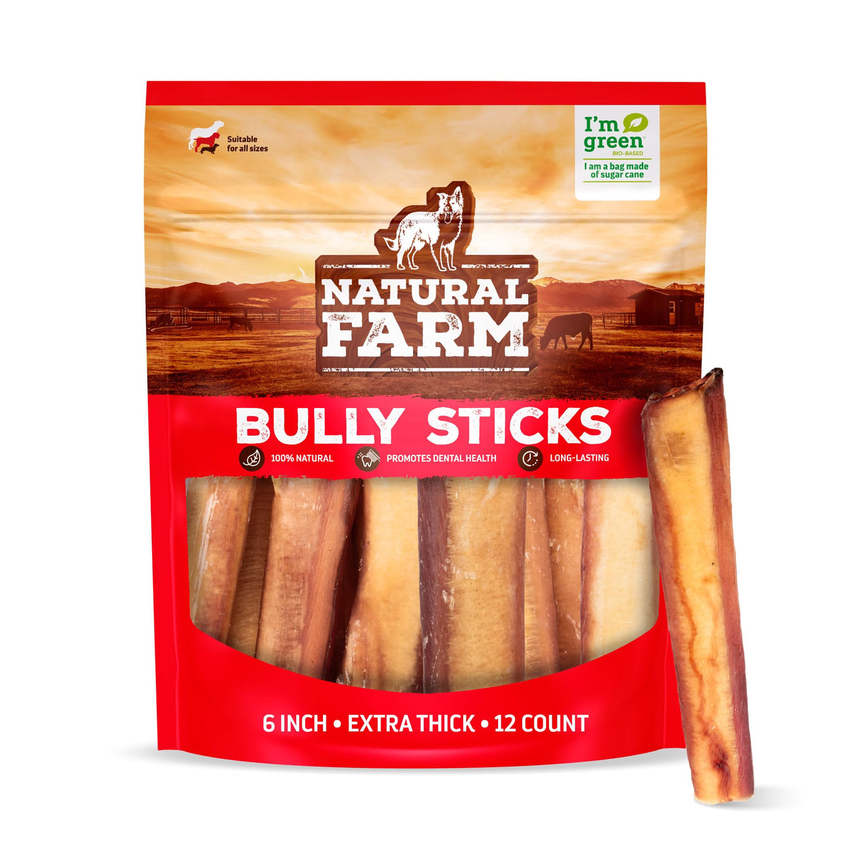 Natural Farm Odor Free Jumbo Bully Sticks 6-inch front view for longer-lasting chews.