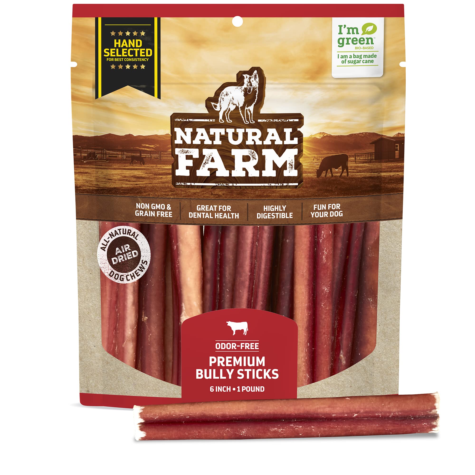Natural Farm Odor-Free Select Bully Sticks 6-inch pack, ideal for reward training and long-lasting chews.
