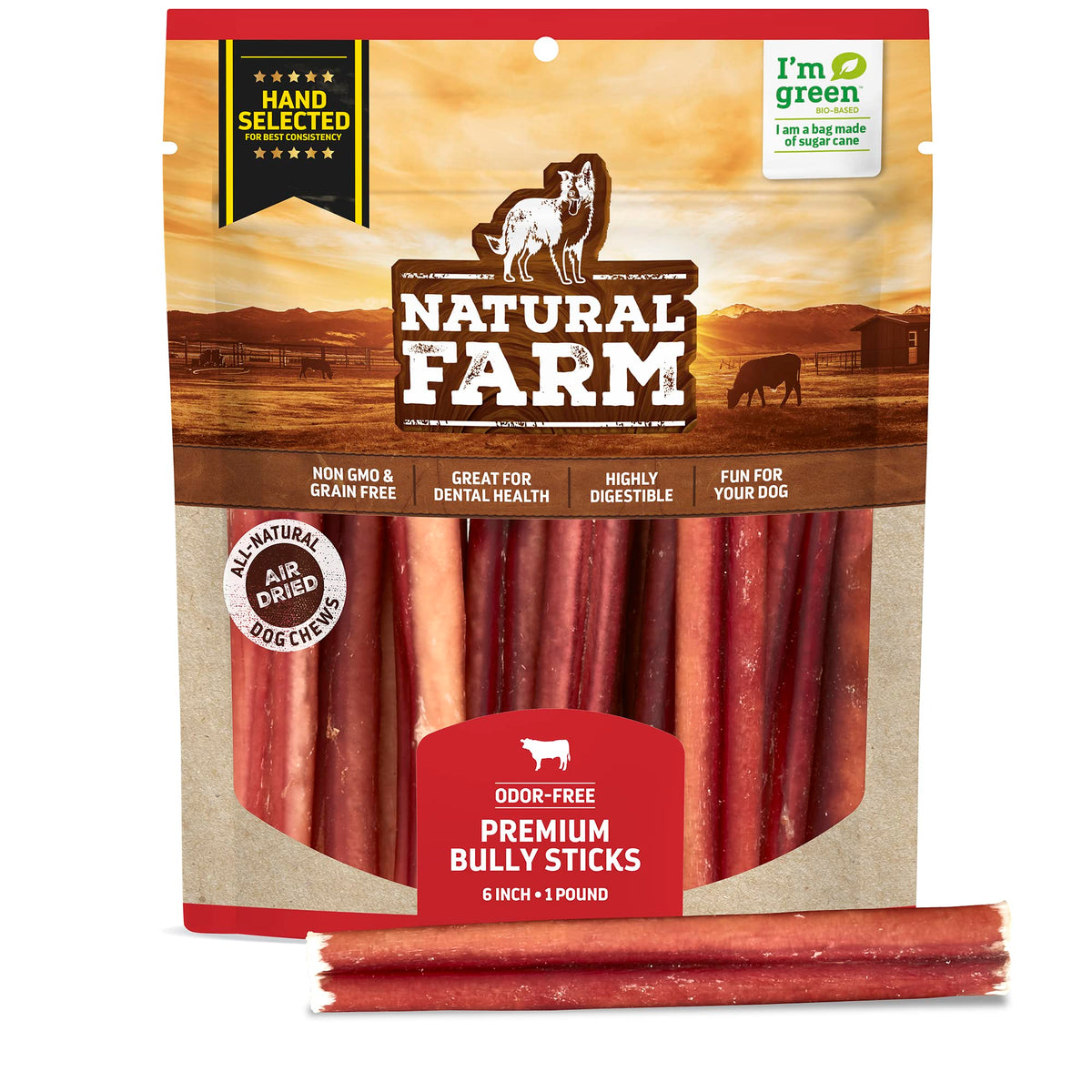 Natural Farm Odor-Free Select Bully Sticks 6-inch pack, ideal for reward training and long-lasting chews.