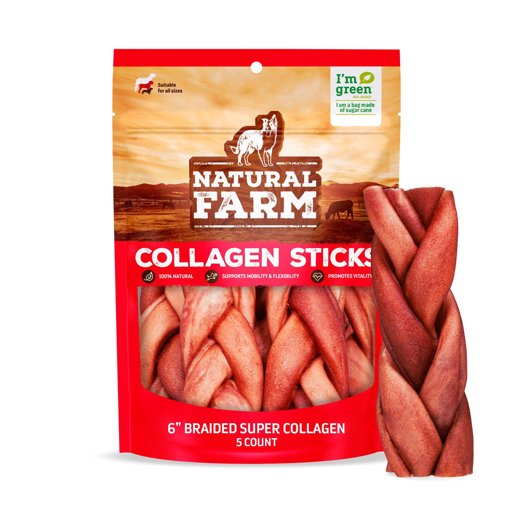 Natural Farm Odor-Free Super Braided Collagen Dog Chews 6-inch stacked, showing generous meat content.