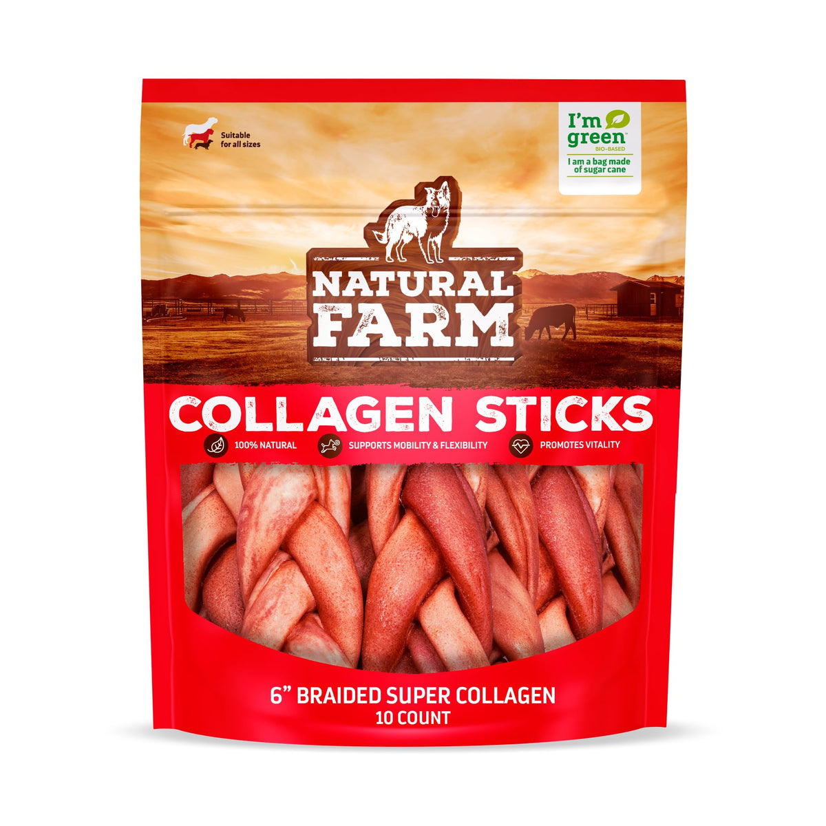 Natural Farm Odor-Free Super Braided Collagen Dog Chews pack shows longer chew time.