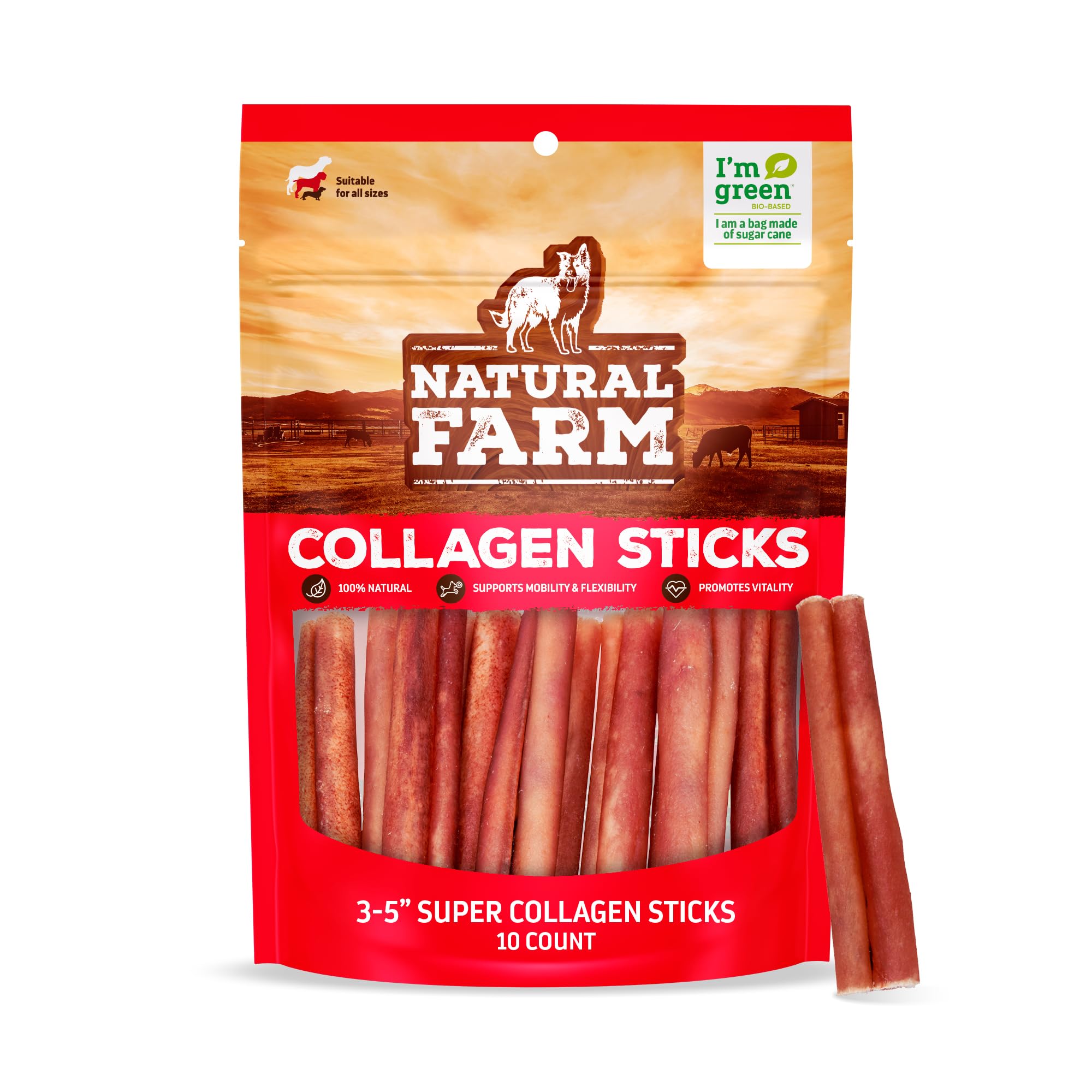Natural Farm odor-free super collagen dog chews 3-5 inch length supports durable chew time.