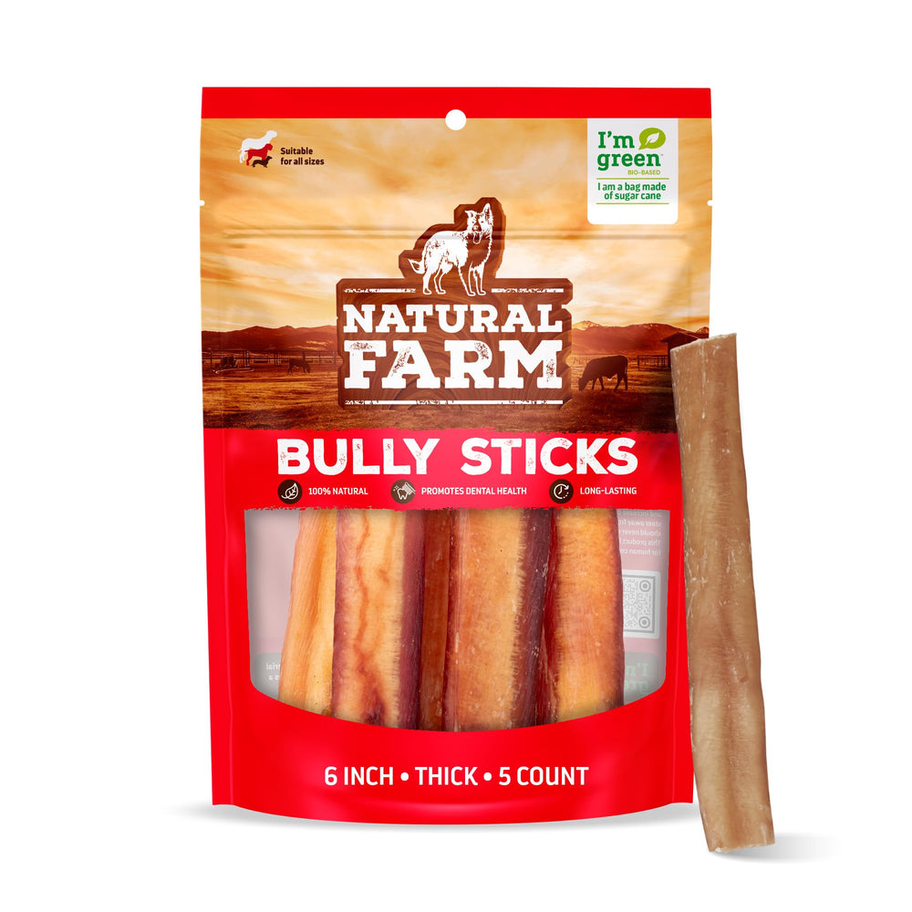 Natural Farm Odor-Free Thick Bully Sticks 6-inch 5-pack on shelf for long-lasting chews