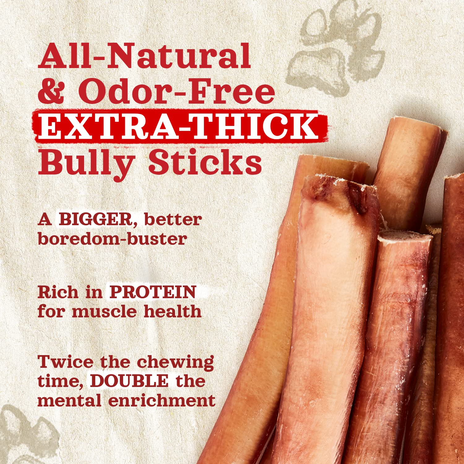 Natural Farm Odor-Free Thick Bully Sticks close-up texture shows durable chew surface