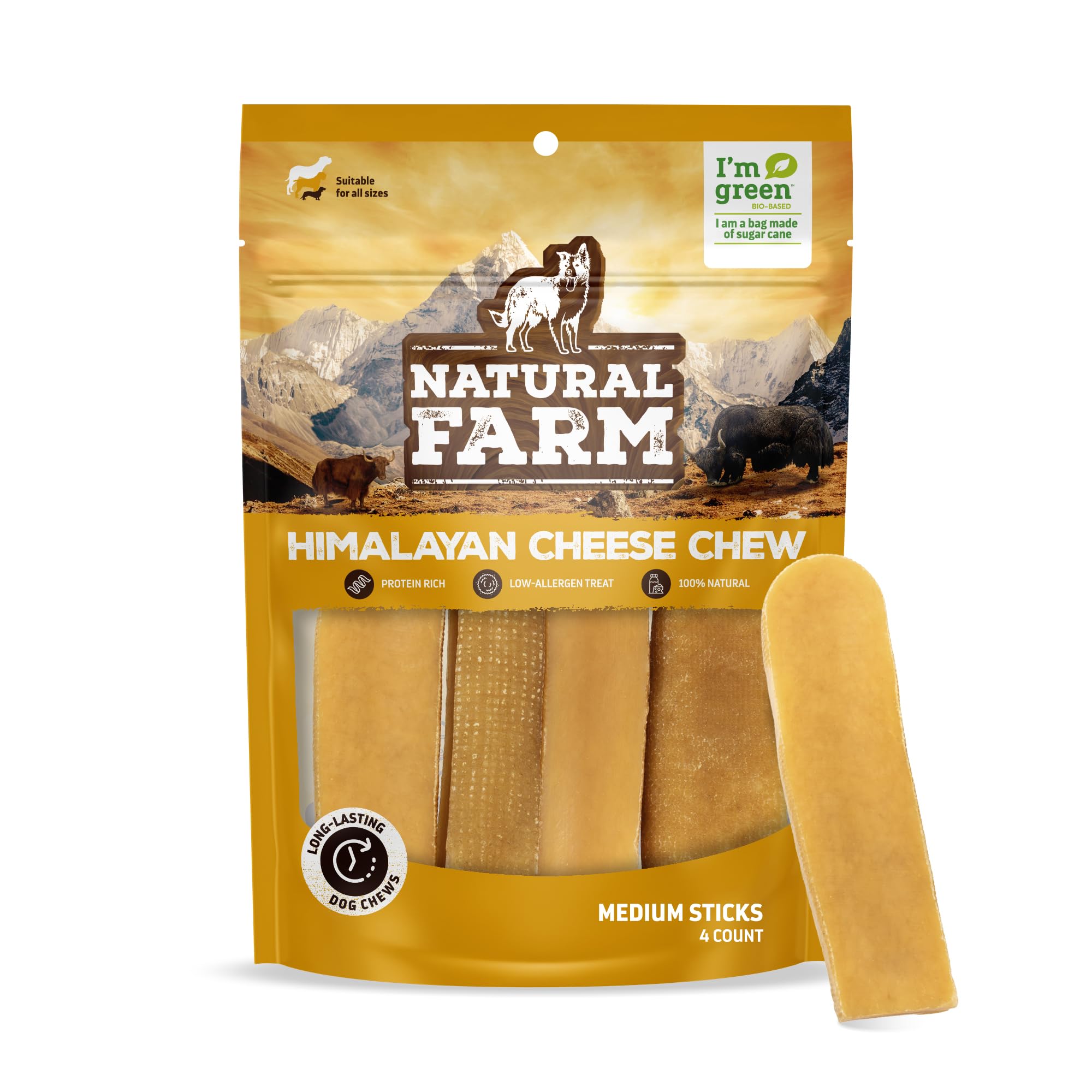 Natural Farm Himalayan Yak Cheese Chews pack front shows protein-rich treat for dogs