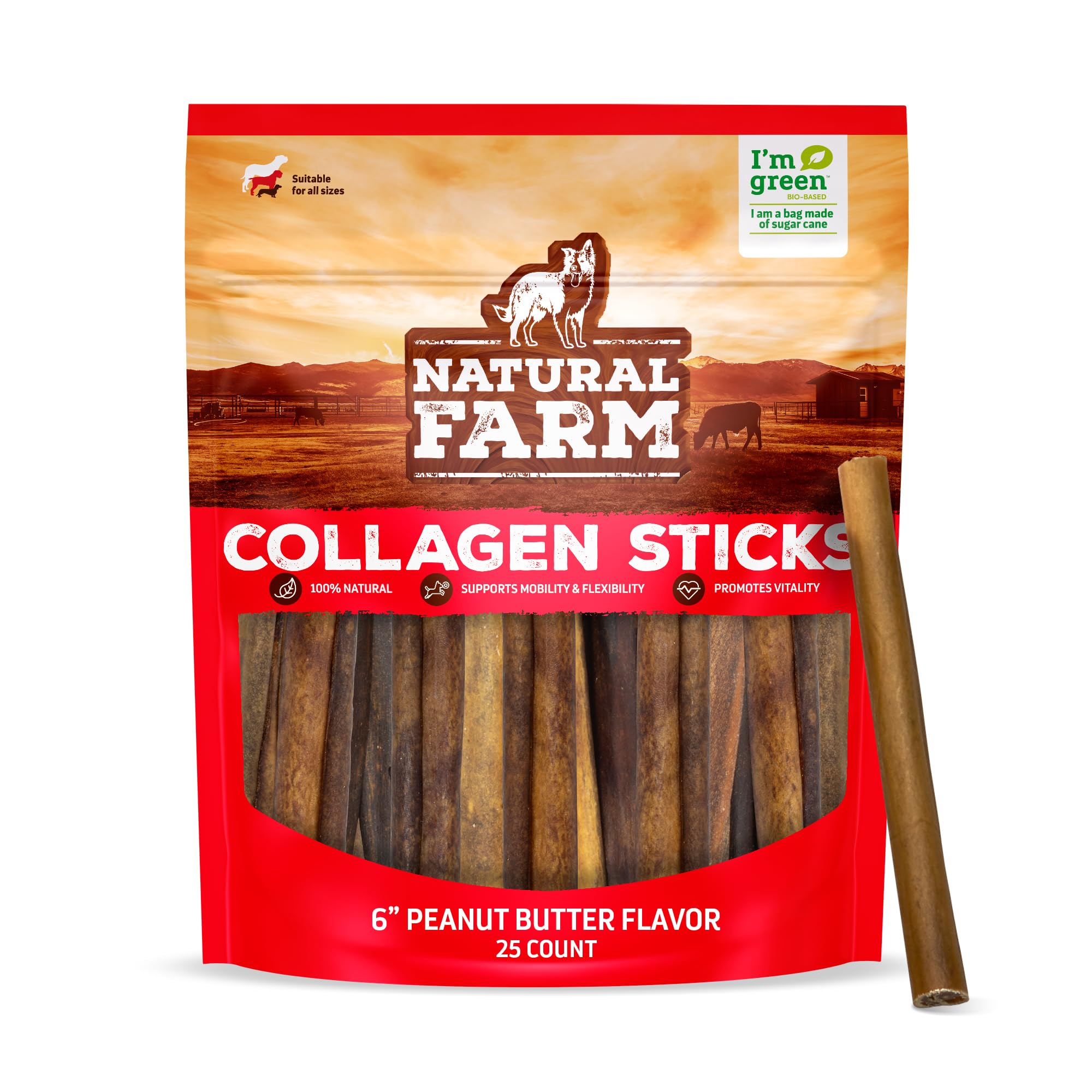 Natural Farm peanut butter collagen-stick dog chew closeup highlighting savory flavor and quality ingredients
