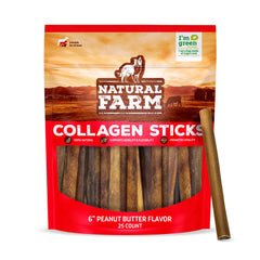 Natural Farm peanut butter collagen-stick dog chew closeup highlighting savory flavor and quality ingredients