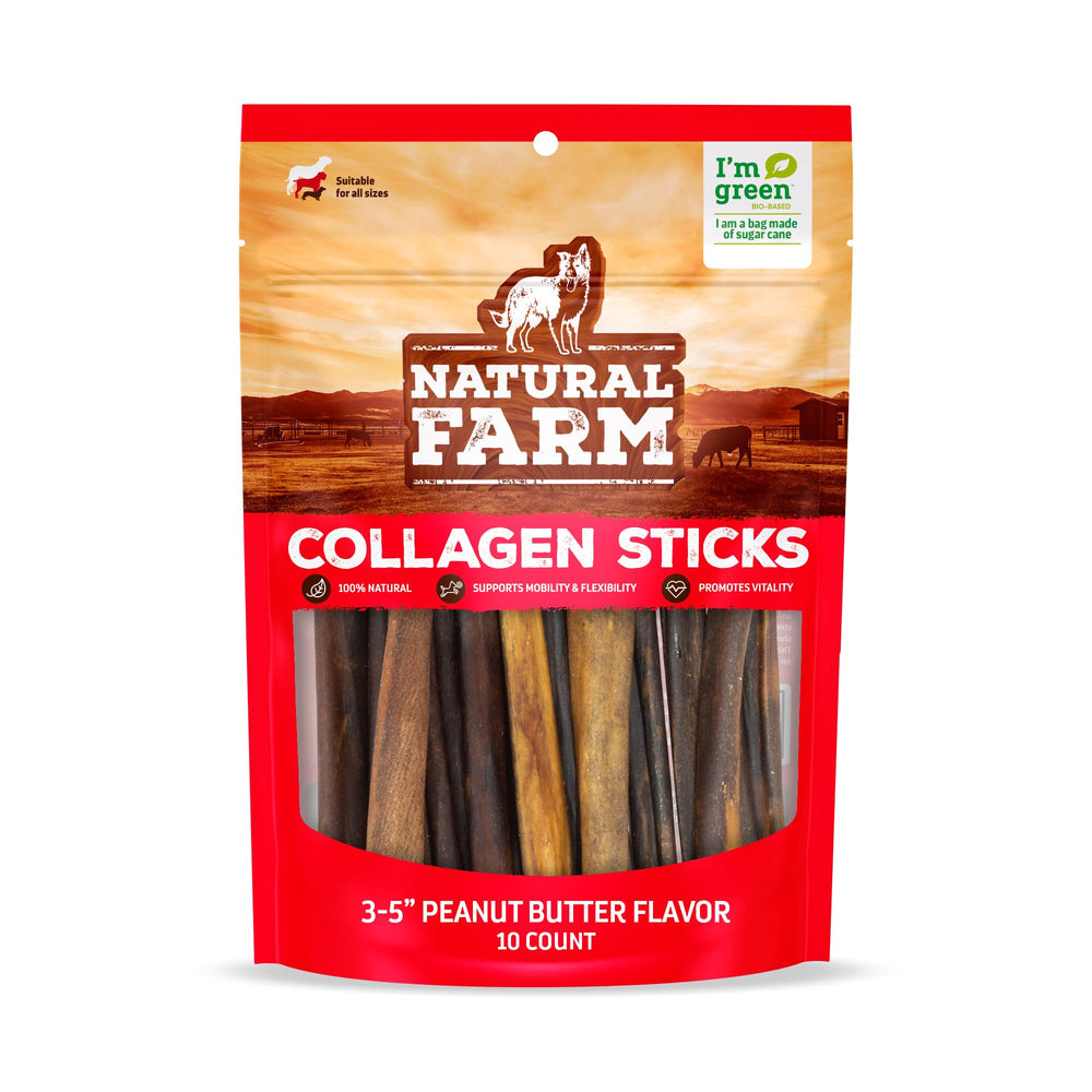 Natural Farm Peanut Butter Collagen Stick hero shows a long-lasting chew for dogs.
