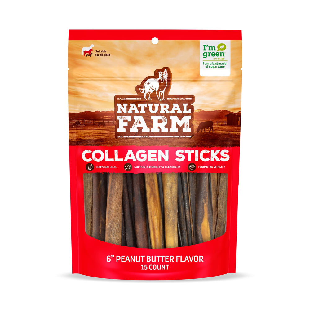 Natural Farm peanut butter collagen stick pack shown for dogs, long-lasting chew.