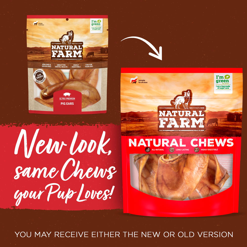 Natural Farm Pig Ears bag open for easy, shareable dog chews.