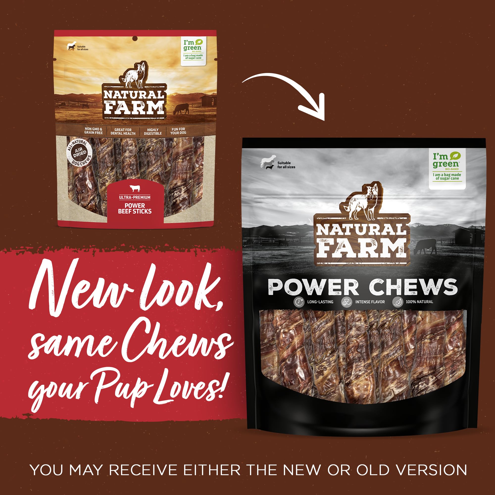 Natural Farm Power Beef Sticks close-up shows beef cheek and esophagus wrap for durable chewing.