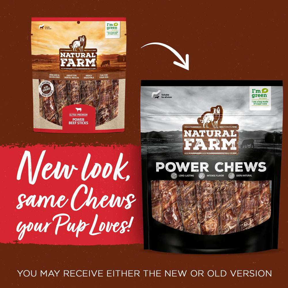 Natural Farm Power Beef Sticks close-up shows beef cheek and esophagus wrap for durable chewing.