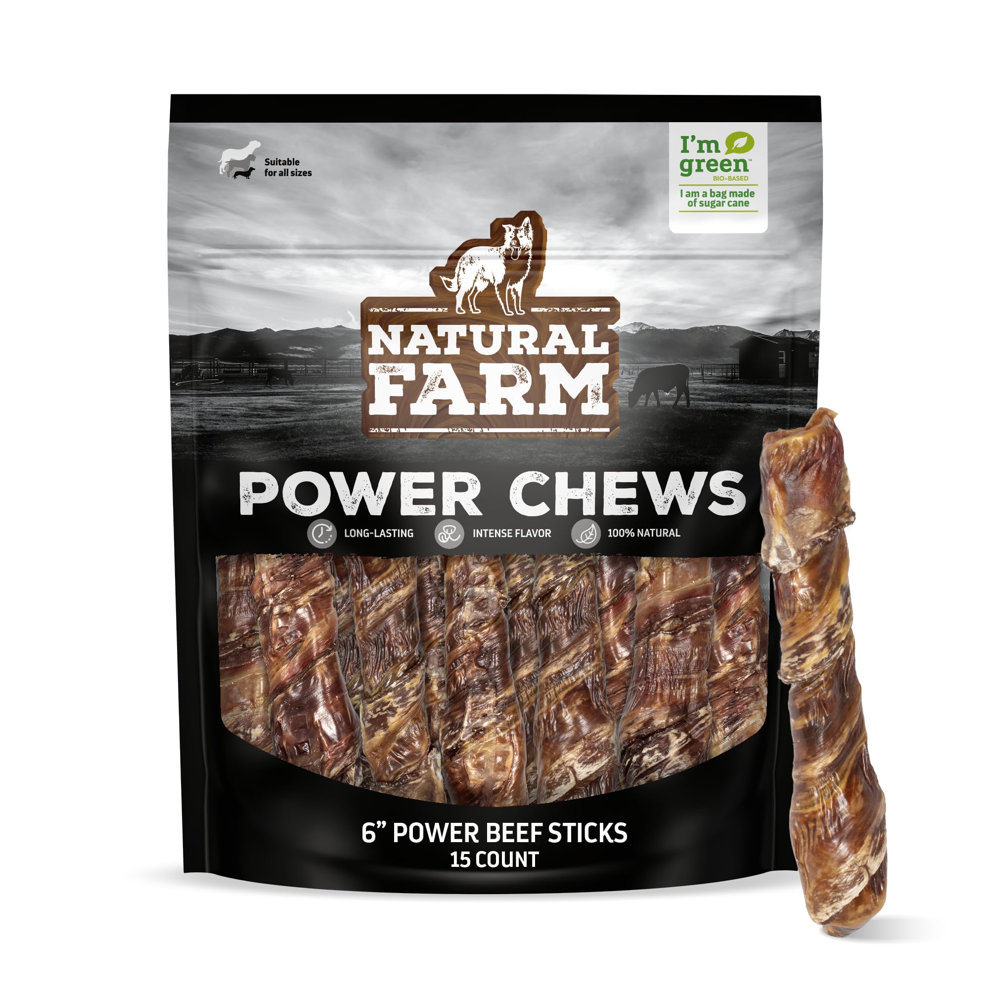 Natural Farm Power Beef Sticks packaging highlights premium dual-texture chew for longer chew sessions.