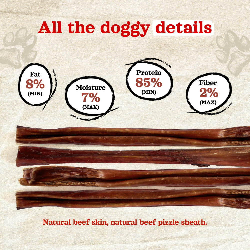 Natural Farm Power Bully Sticks chew close-up highlighting texture and protein richness.
