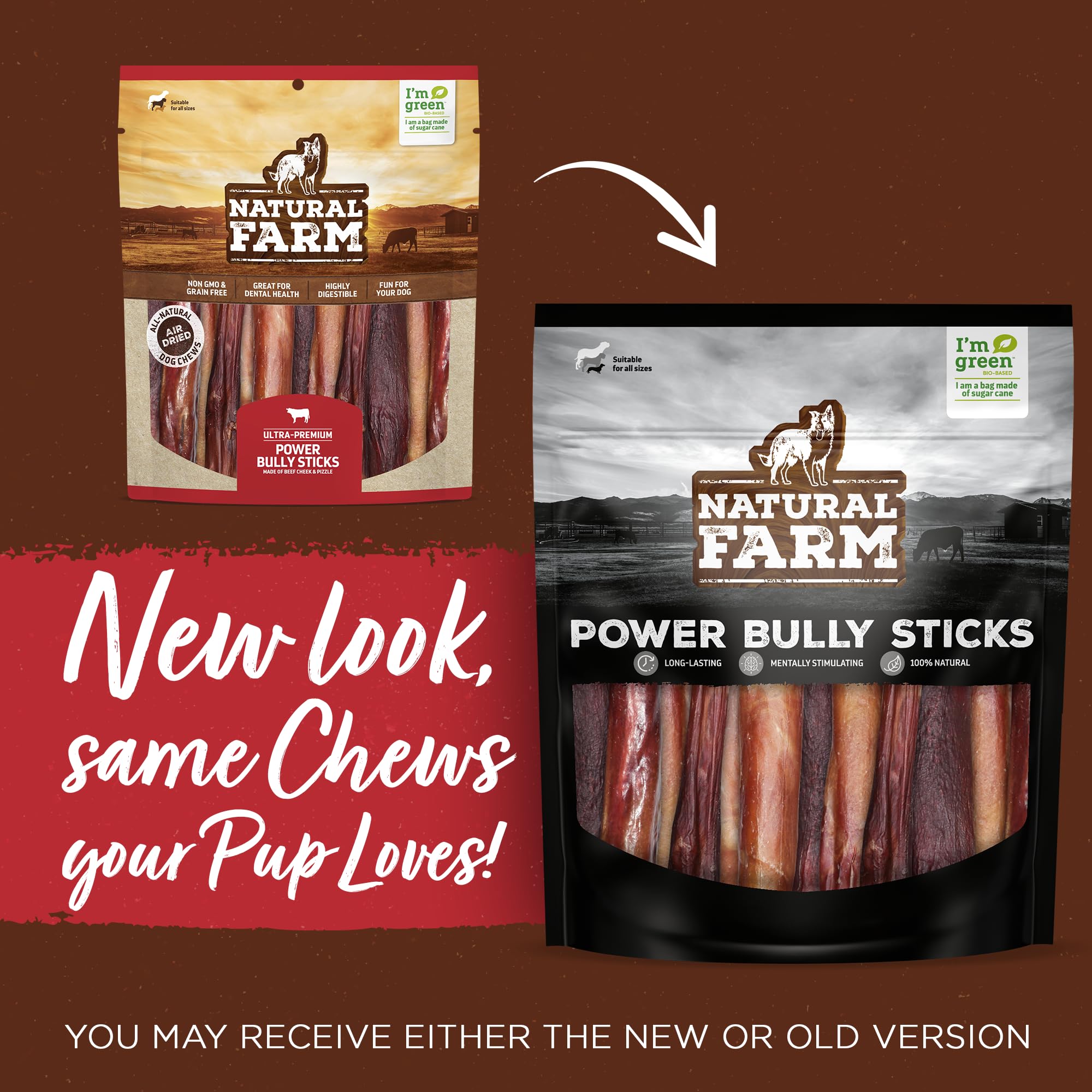 Natural Farm Power Bully Sticks pack back shows ingredients and safety notes.