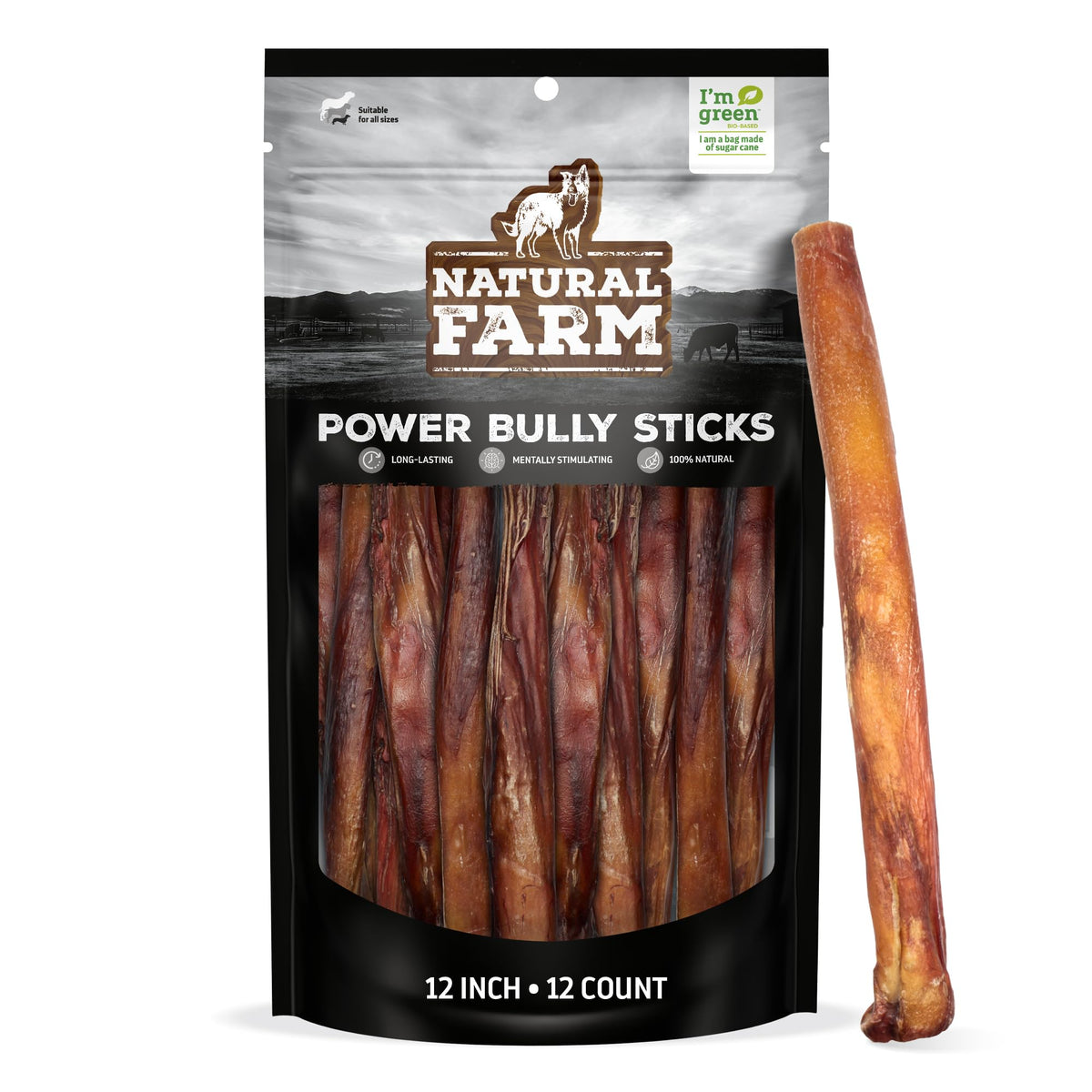 Natural Farm Power Bully Sticks pack front, a long-lasting dog chew option.