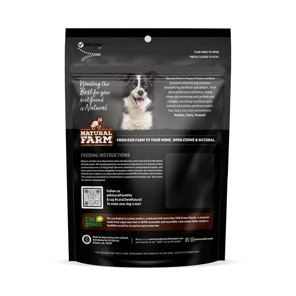 Natural Farm Power Bully Sticks packaging/production—made in human-grade facilities in Brazil.