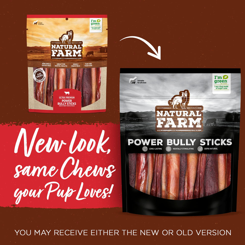 Natural Farm Power Bully Sticks rawhide alternative badge on packaging.