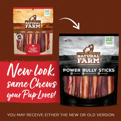Natural Farm Power Bully Sticks rawhide alternative badge on packaging.