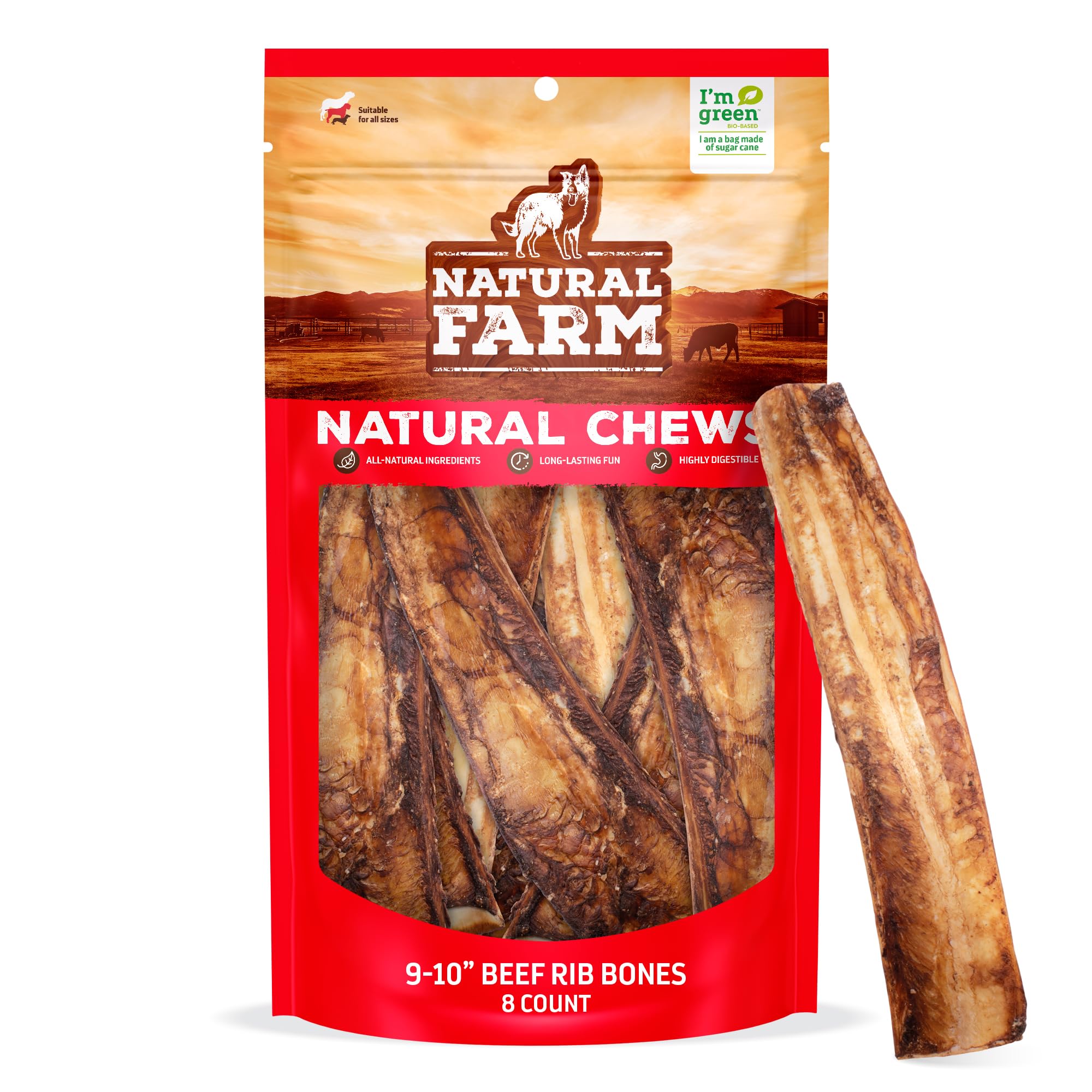 Natural Farm Rib Bones 9-10 inch pack display; long-lasting chew for medium to large dogs