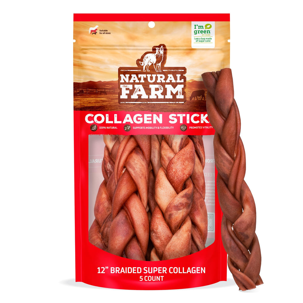 Natural Farm Super Collagen braided chews closeup highlighting texture and meat-rich appeal