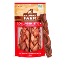 Natural Farm Super Collagen braided chews closeup highlighting texture and meat-rich appeal