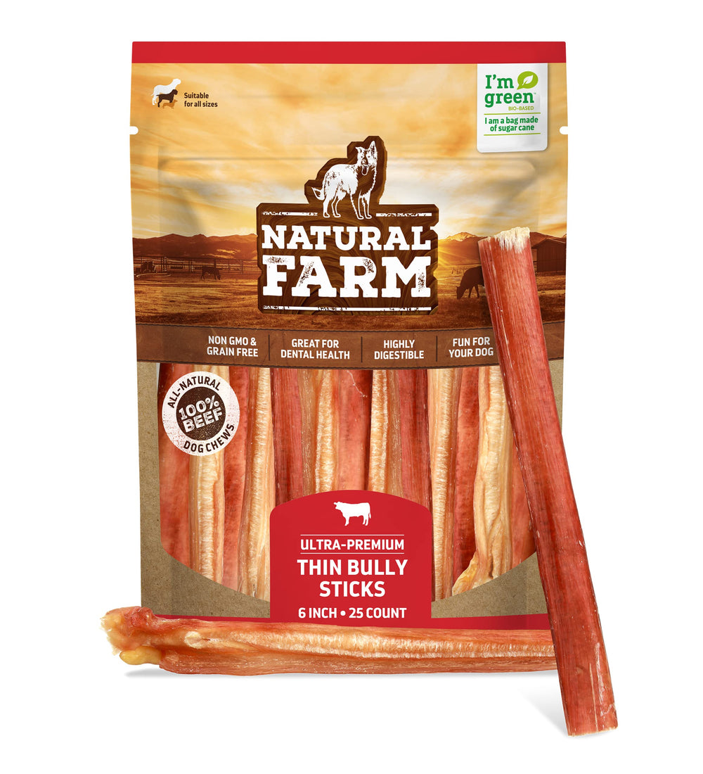 Natural Farm thin bully sticks 6 inch 25 pack close-up for small dogs' enrichment.