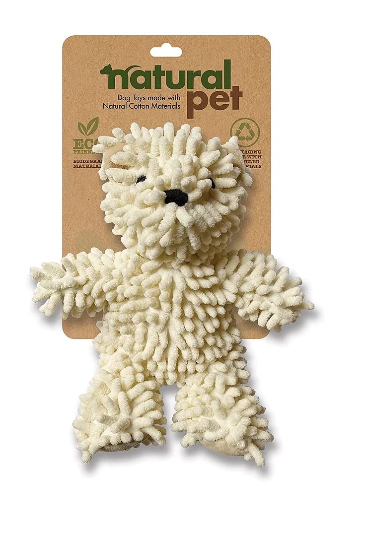 Natural Pet Nubz Bear dog toy with squeaker for interactive play and bonding during fetch.