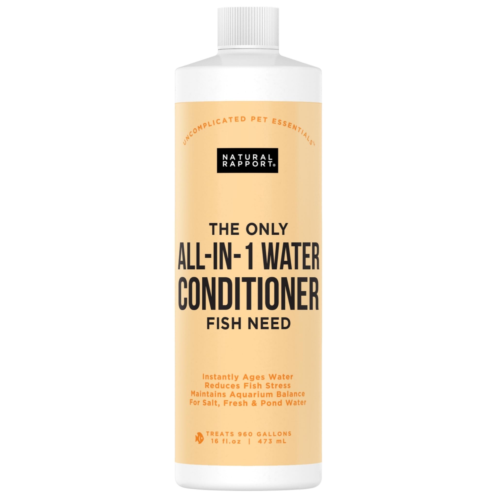 Natural Rapport Aquarium Water Conditioner bottle pour shows one-step dosing for safer water