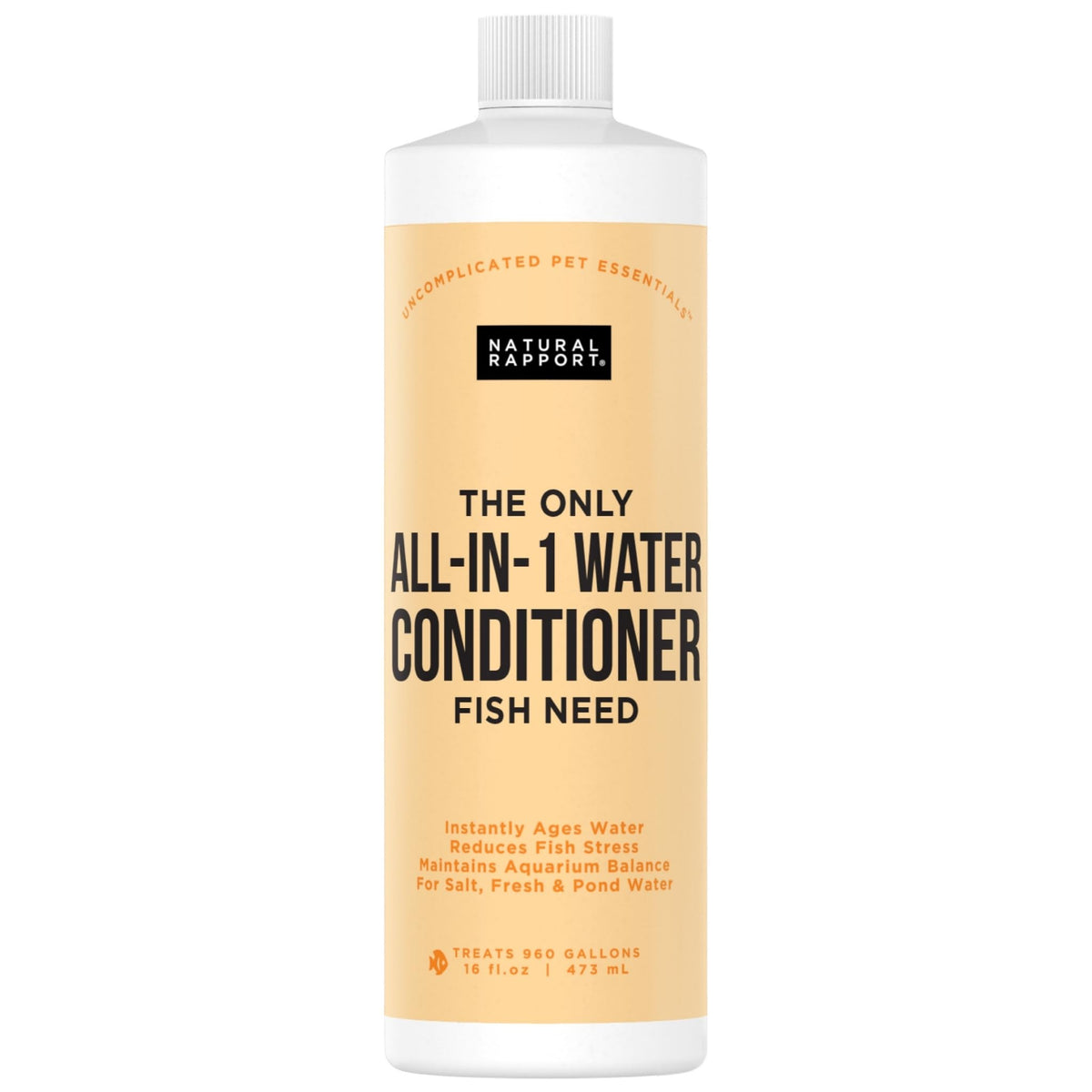 Natural Rapport Aquarium Water Conditioner bottle pour shows one-step dosing for safer water