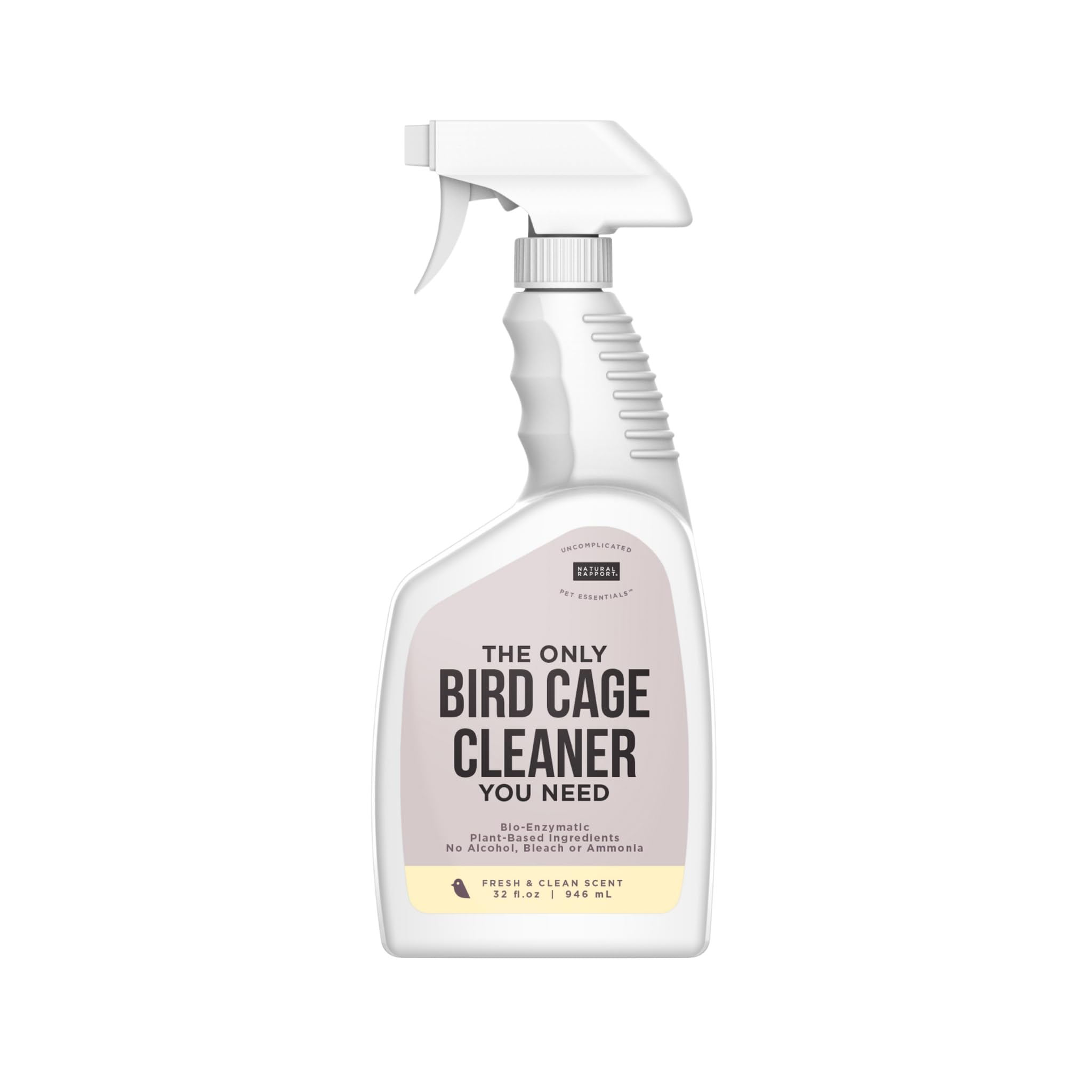 Natural Rapport Bird Cage Cleaner bottle front shows plant-based formula safe on cages and accessories