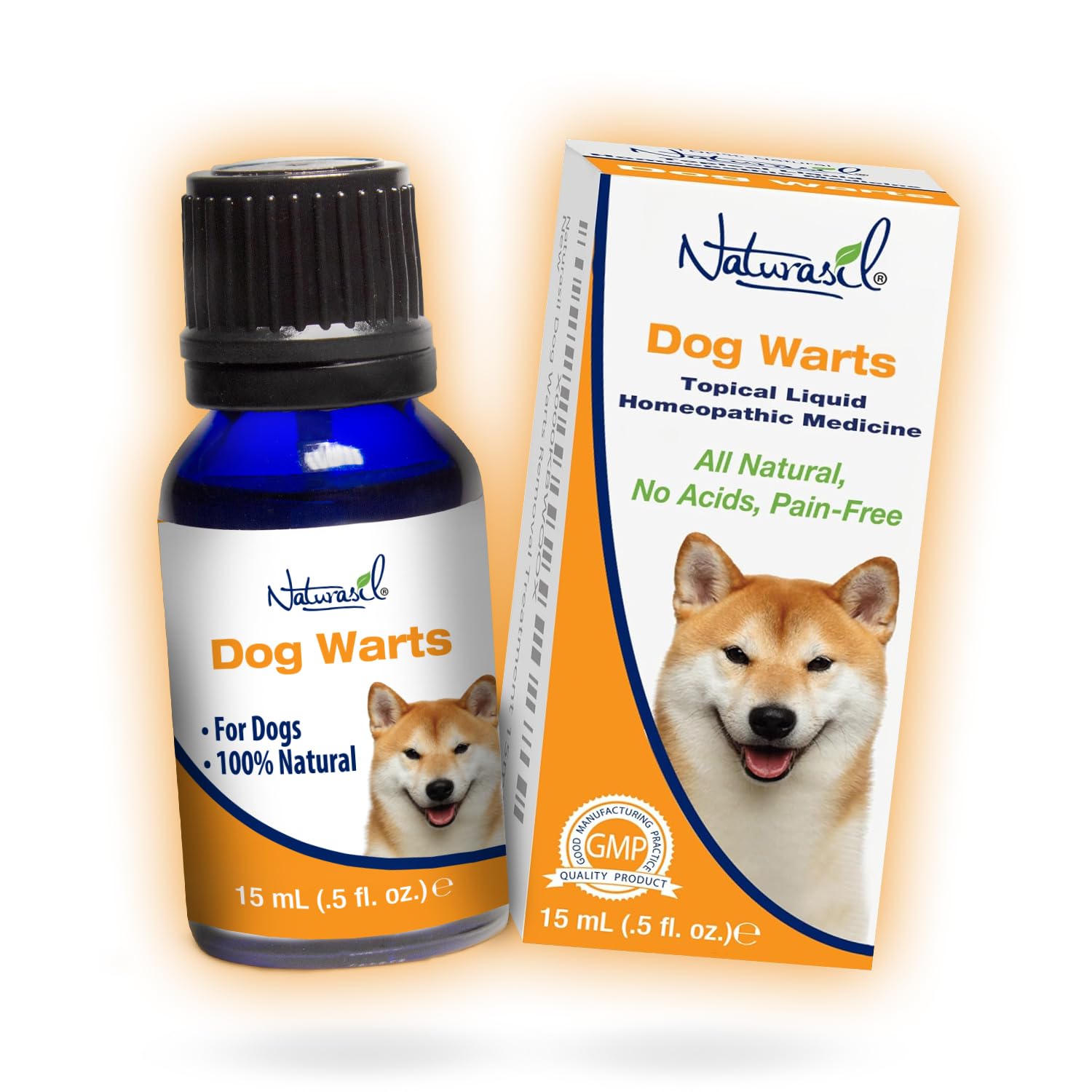Naturasil dog warts remover bottle closeup highlights the natural formula for home treatment.