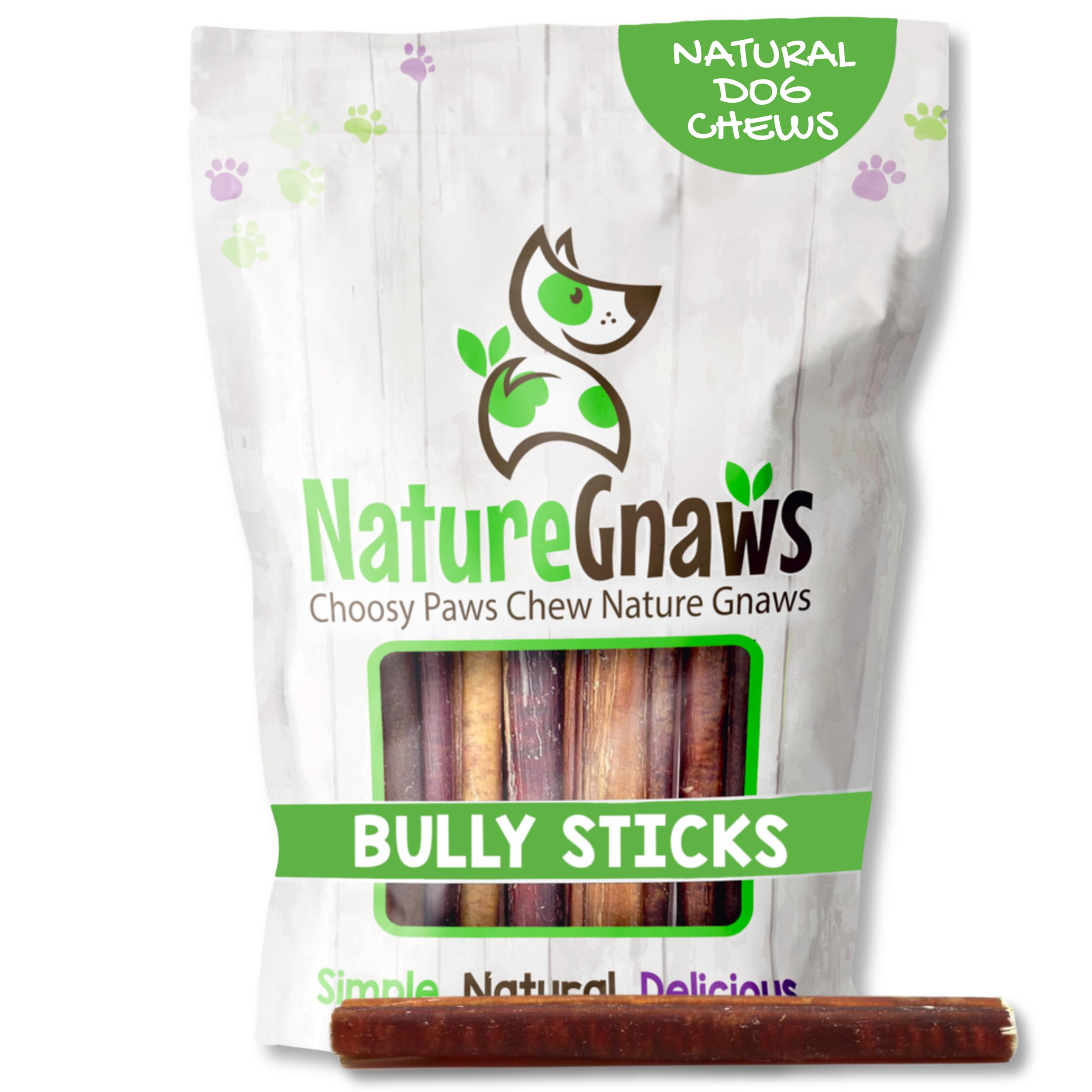 Nature Gnaws Large Bully Sticks 5-6 inch pack closeup, a long-lasting beef chew for big dogs.