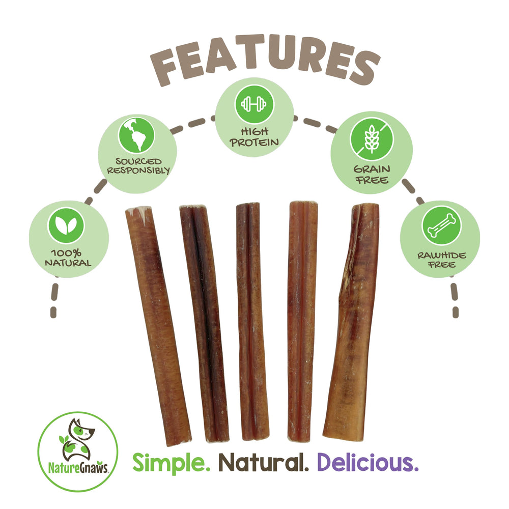 Nature Gnaws Large Bully Sticks rawhide-free chew shown, a grain-free alternative for safe chewing.
