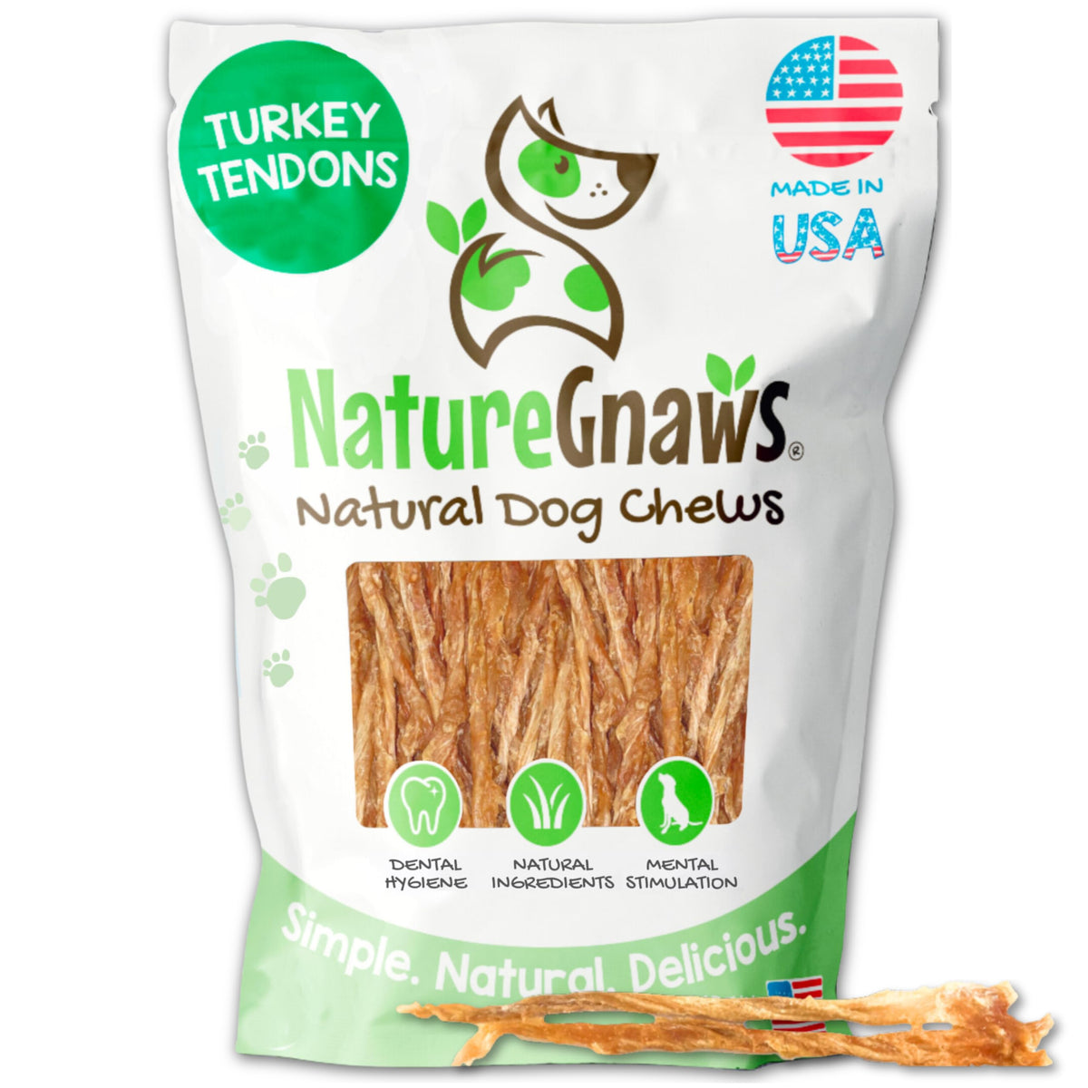Nature Gnaws USA Turkey Tendons packaging close-up grain-free chew supporting dental health