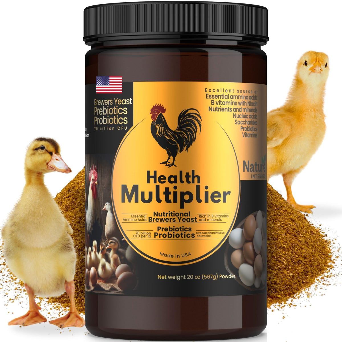 Nature INTENDED Brewer's Yeast Probiotics jar front highlights flock health support through vitamins.
