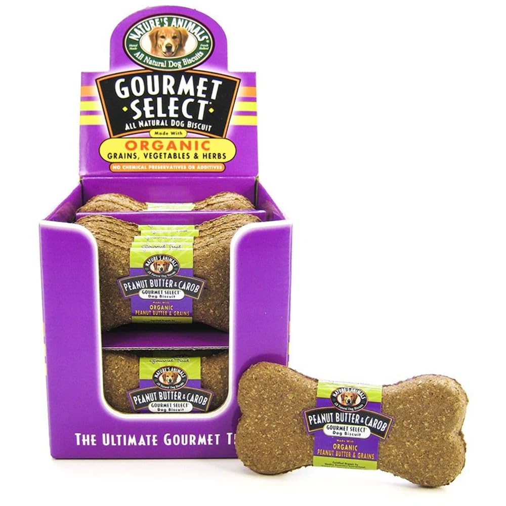 Nature's Animals Gourmet Select dog biscuit display box showing peanut butter and carob treats for easy retail