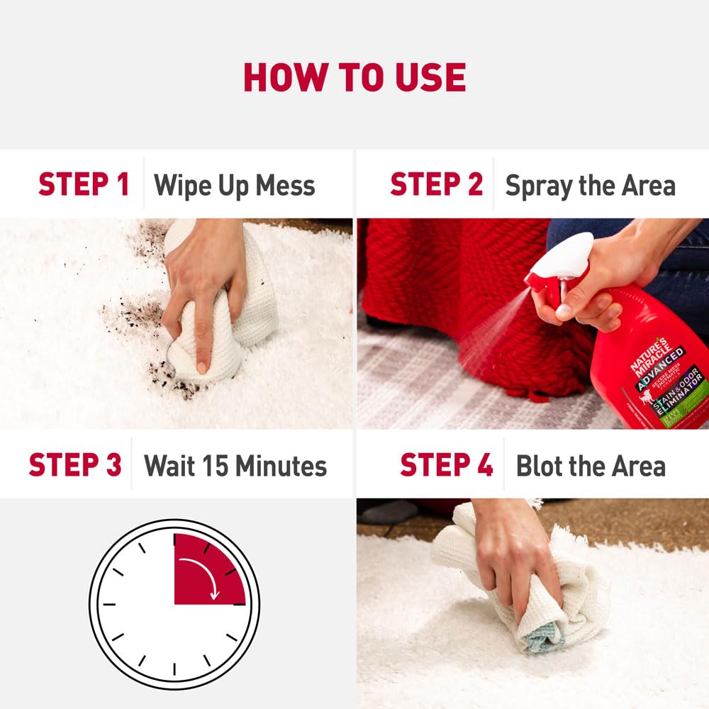 Nature's Miracle multi-surface use demonstrates cleaning on carpets, floors, and fabrics
