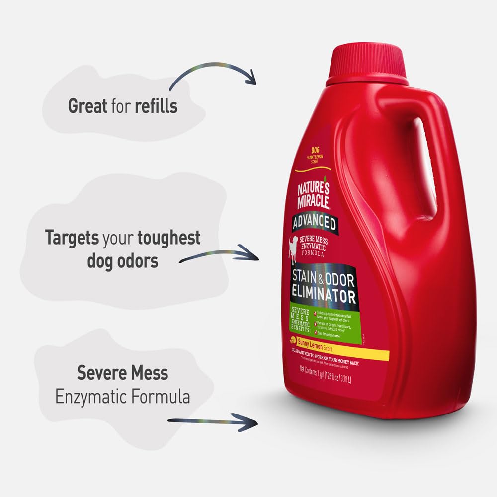 Nature's Miracle pet mess before-after image showcasing stain and odor improvement