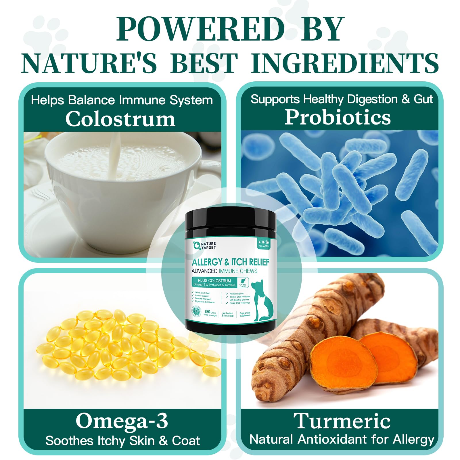 Nature Target colostrum-probiotics combo - supports gut balance and immune response.