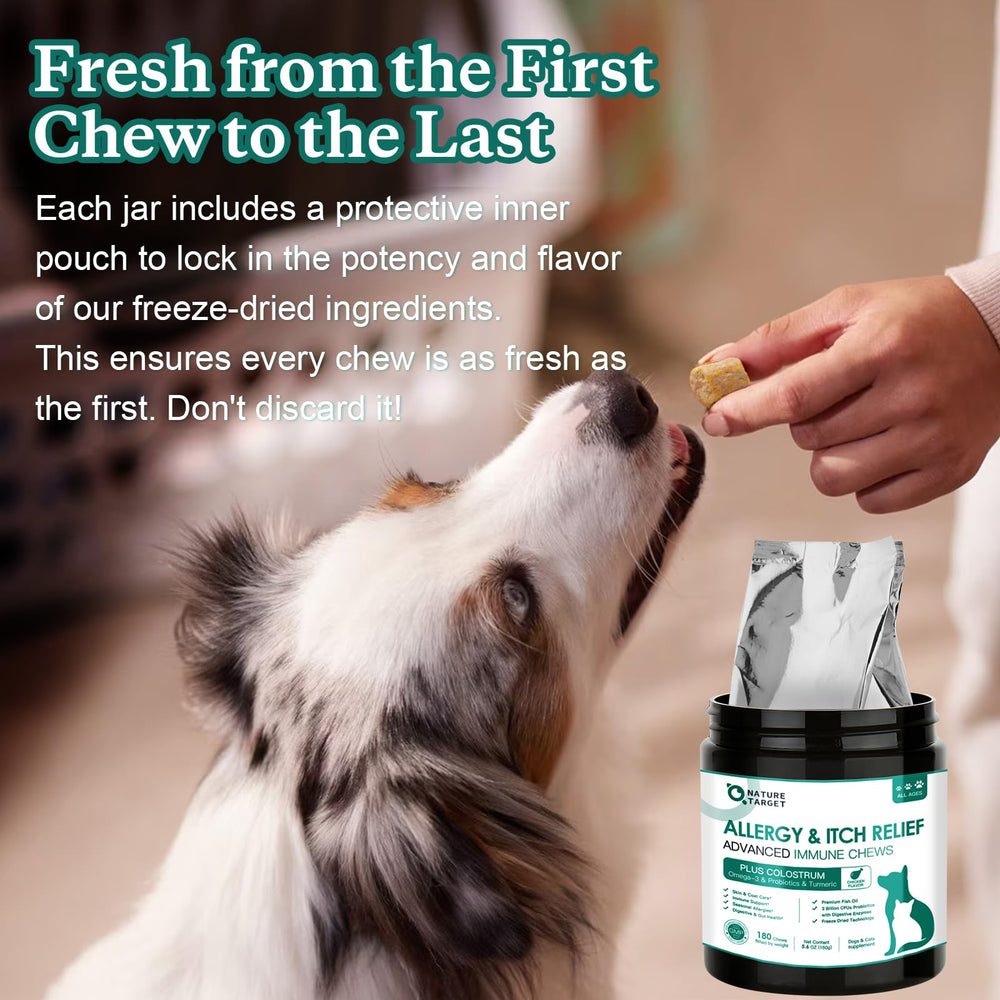 Nature Target dog allergy chews - may reduce paw licking during flare-ups.