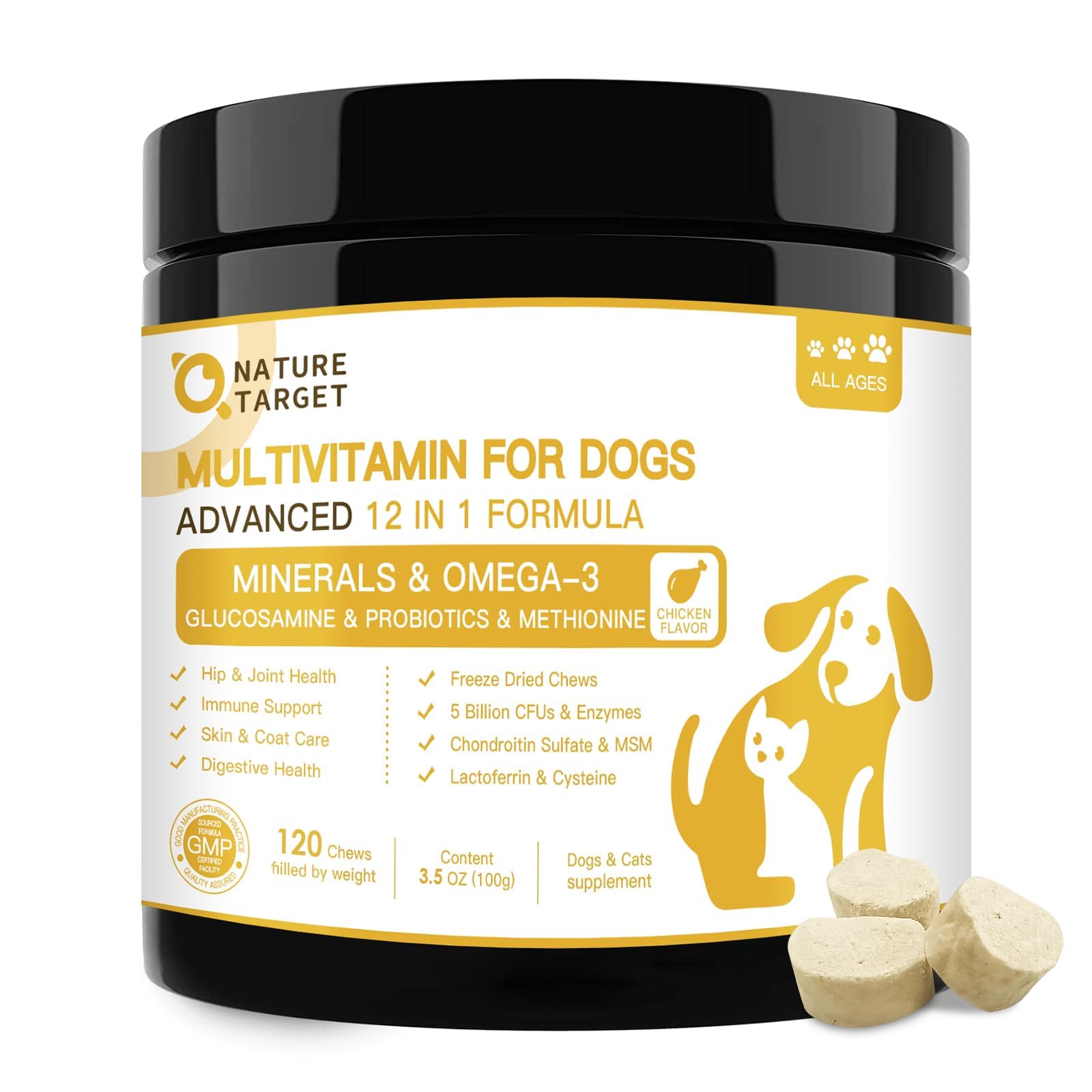 Nature Target dog multivitamins packaging close-up highlighting 12-in-1 formula benefits for overall health